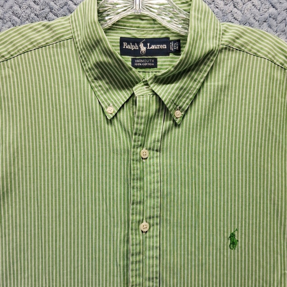 Ralph Lauren Yarmouth Mens 17.5 Green Striped 36/37 Button Down Shirt Preppy